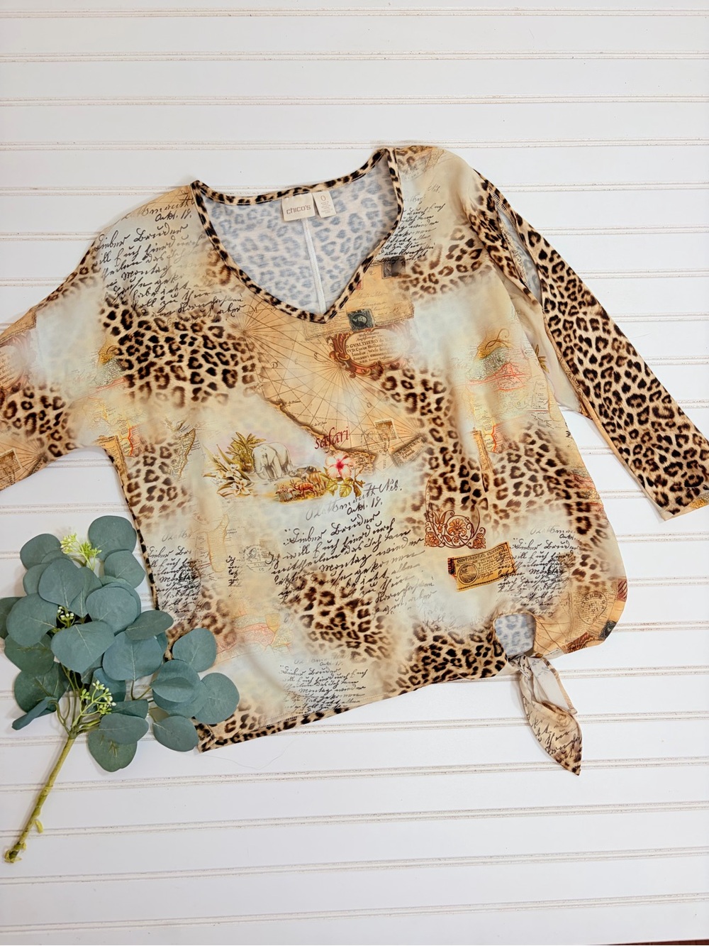 Chico’s Map Animal Print Side Tie 3/4 Sleeve Top